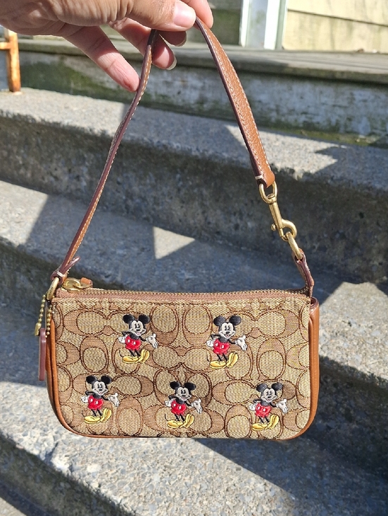 Coach Handbags - Coach Brown Signature Canvas Mickey Mouse Wristlet with Red & Yellow Accents
